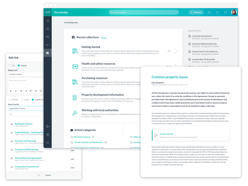 Lawvu in-house legal software - knowledge management solution Knowledge management system in Lawvu in-house legal software.
