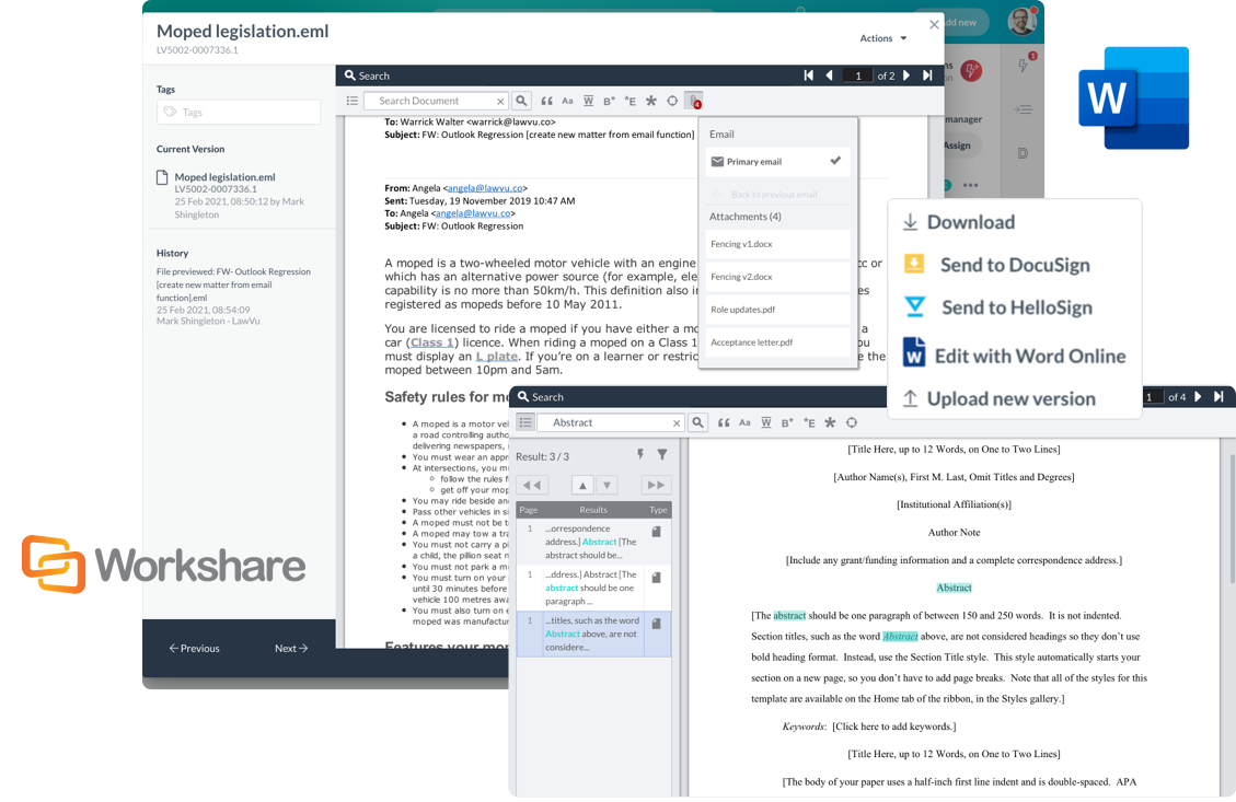 LawVu integrates with Word and Workshare for document editing LawVu in-house legal software offers integration with document editors like Word & Workshare.