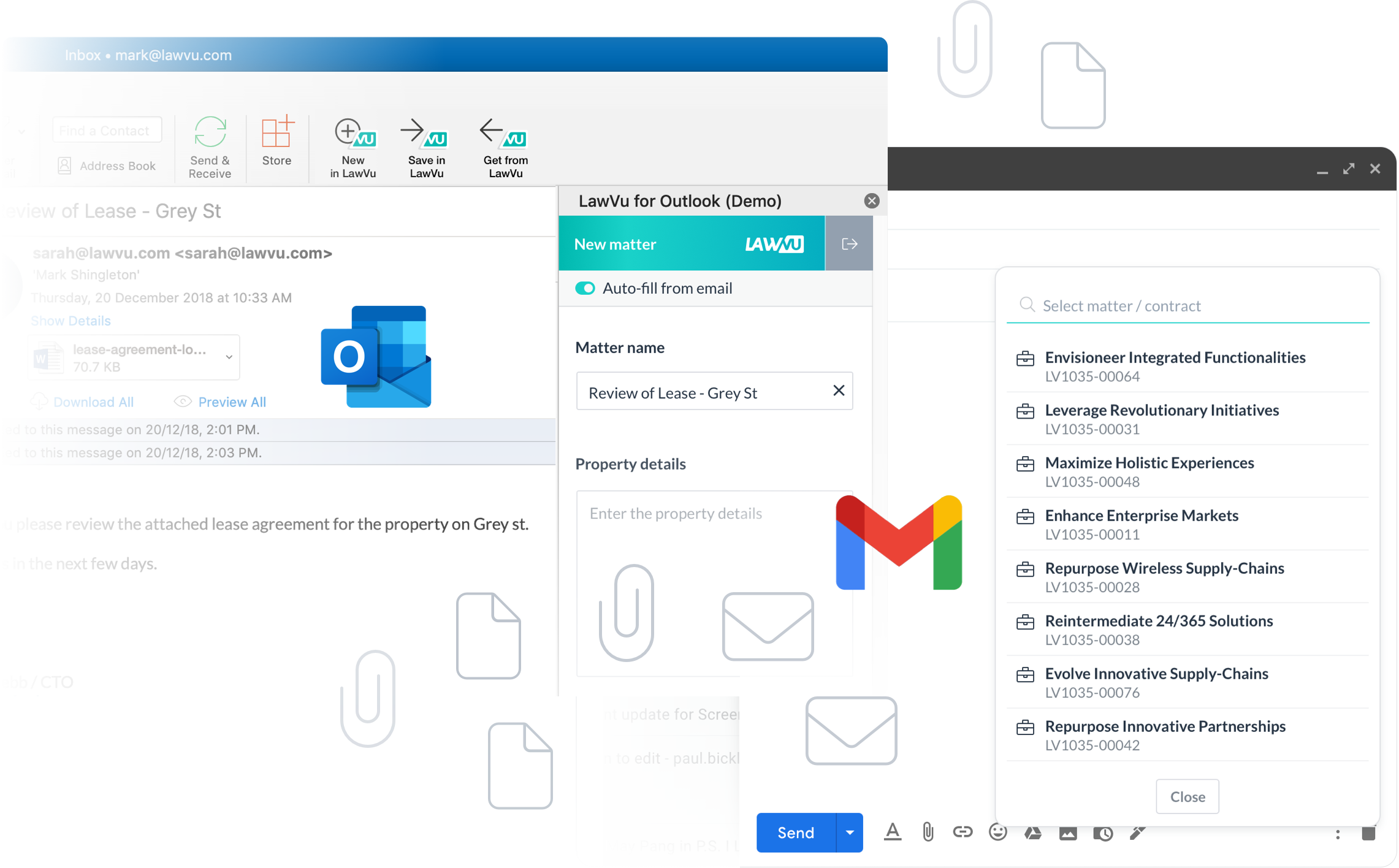 Lawvu integrates with Outlook & Gmail LawVu in-house legal software offers email integration with Outlook & Gmail