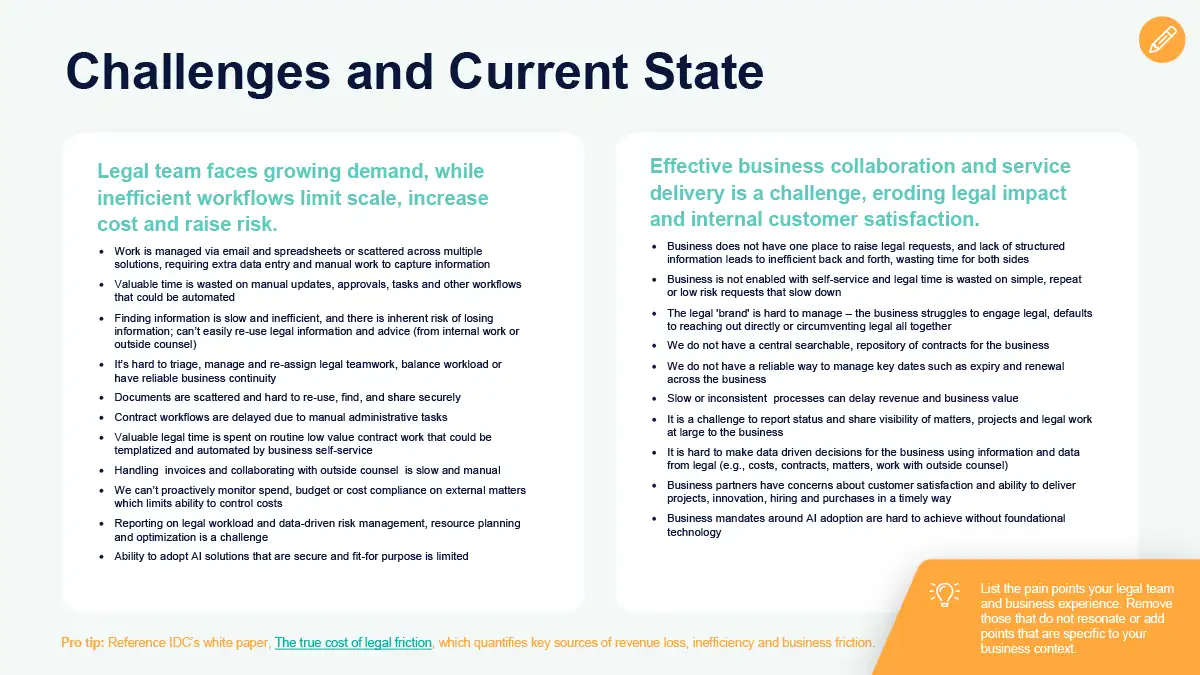 Identify challenges and opportunities within your legal function