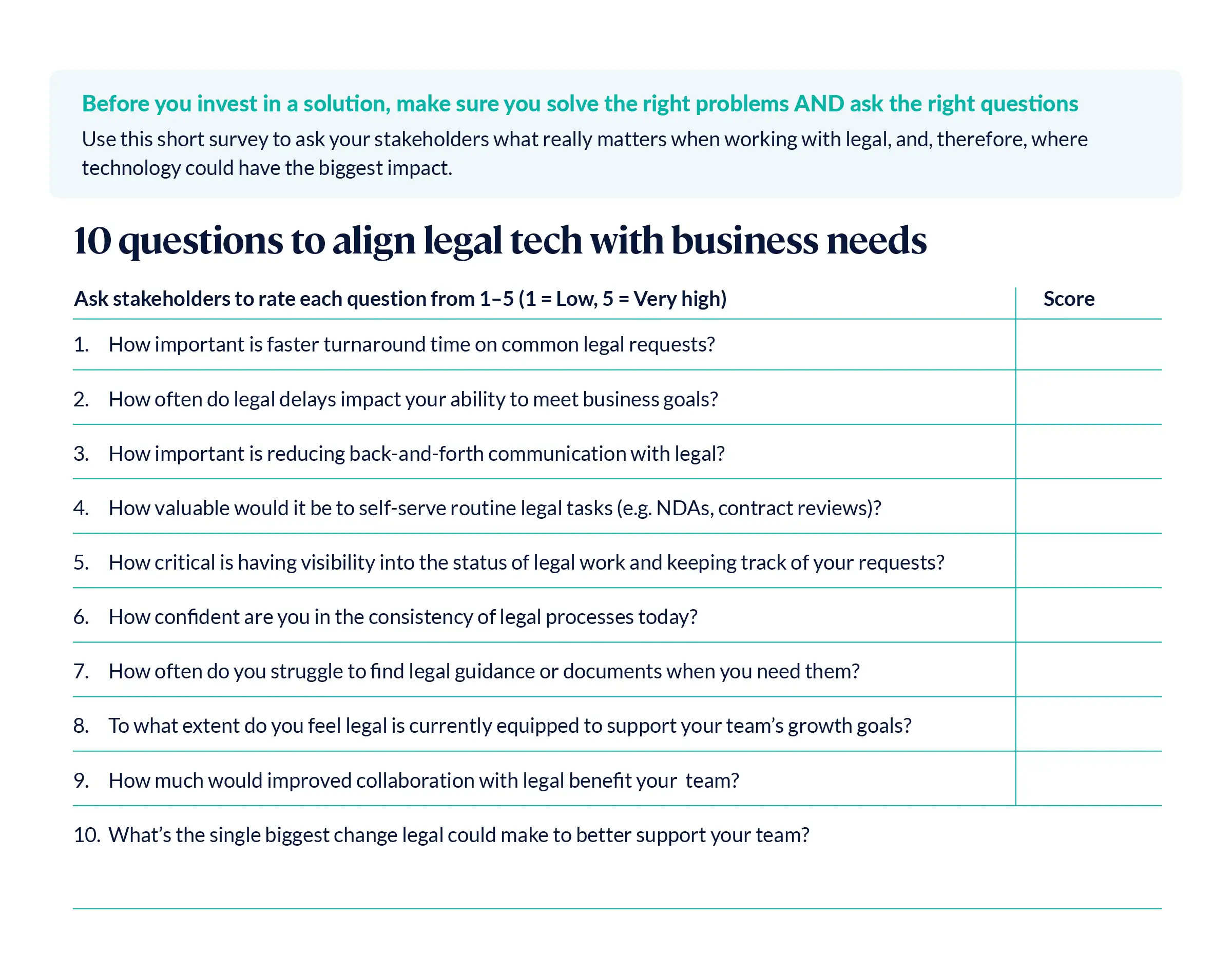 Legal tech alignment survey table