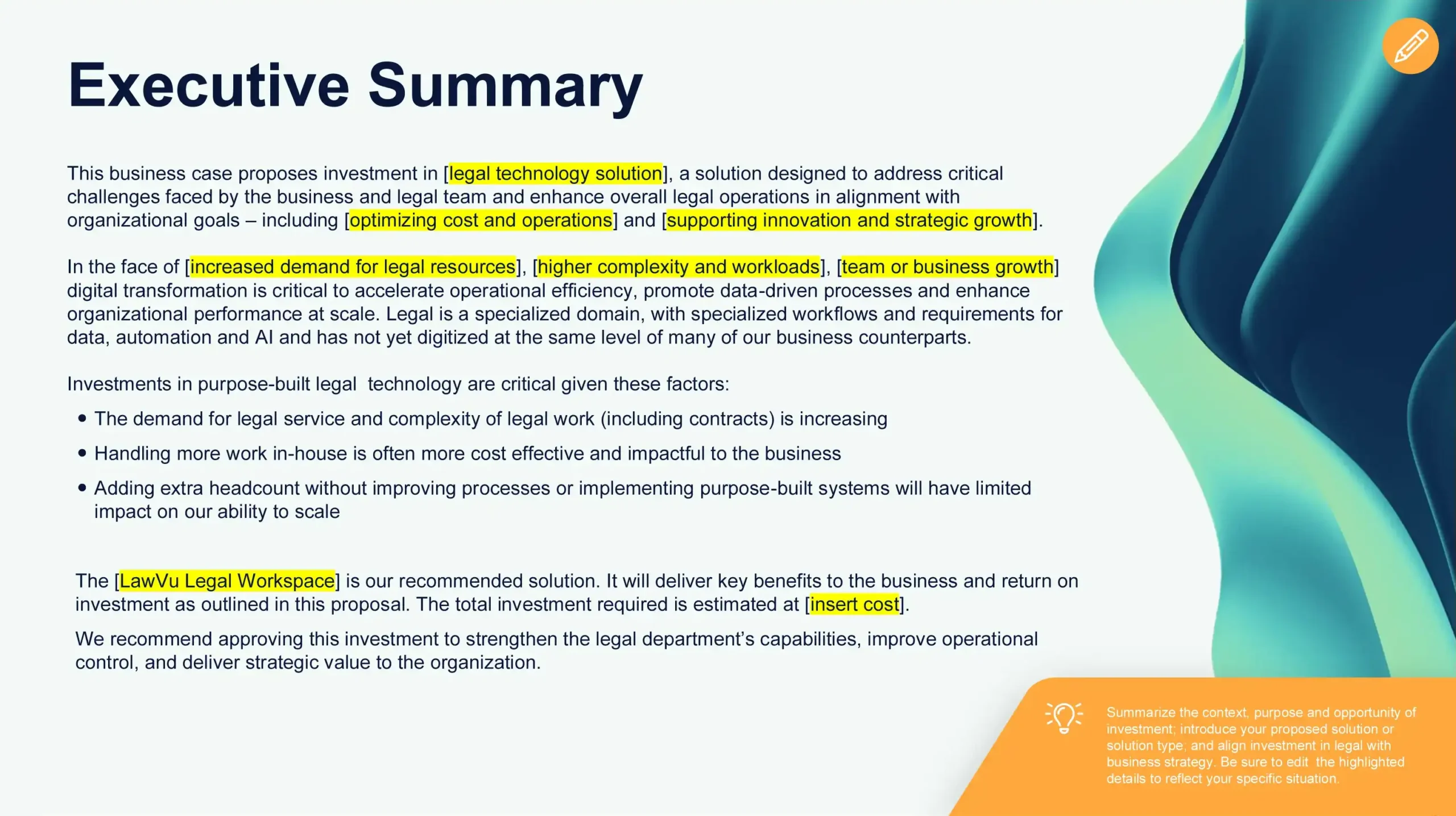 Legal tech business case executive summary