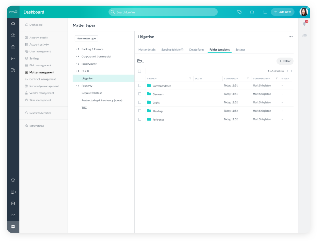 LawVu matter management Matter management & data in Lawvu
